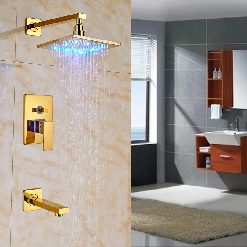 

Bathroom Shower Mixer Faucet with 8" Shower Head Wall Mounted Golden Finish