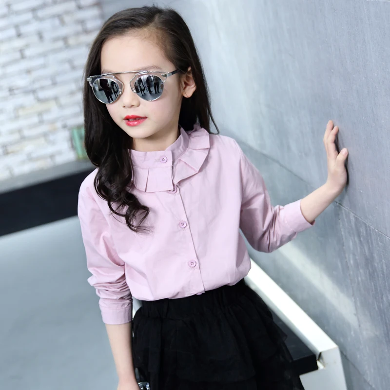 Белые школьные рубашки с длинными рукавами для девочек; Новинка года; блузки для девочек с круглым вырезом; однотонные топы для подростков; детская одежда; Bs067 - Цвет: Розовый