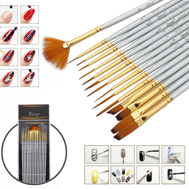 Kopen Bianyo 15 Stks Kwast Verschillende Vorm Nylon Haar Aquarel Haak Lijn Detail Brush Set Voor Nail Schilderen Gereedschap Art levert