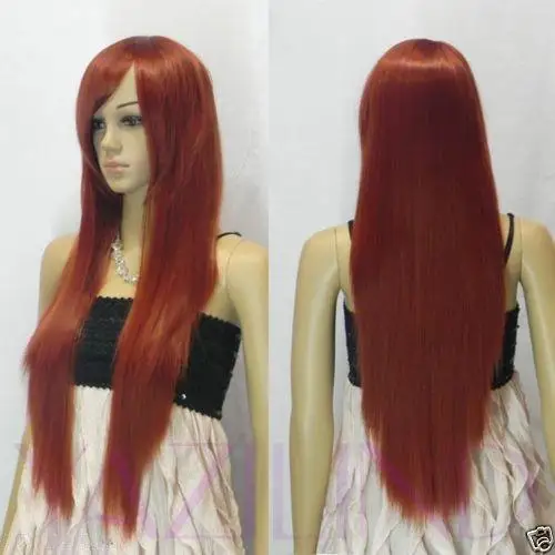 

100% Brand New High Quality Fashion Picture full lace wigs>>Long Straight Dark Orange Red Side-Swept Bang Synthetic Hair Full
