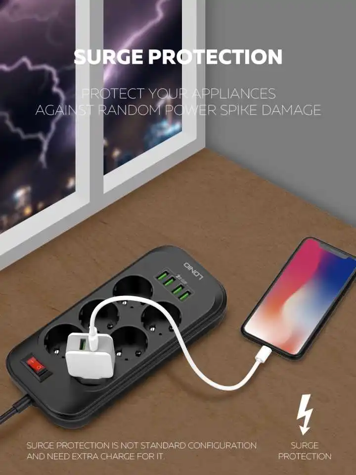 Tomada de Parede Cabo de Carga Tomada de Mesa Plug Cabo Extensão Preto 6 ac Tomada 4usb Carregador Adaptador 3.4a Forphone 2 m Usb ue 25 Cheap Soquetes elétricos
