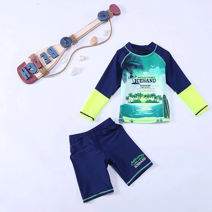 PERONA/купальный костюм с длинными рукавами для мальчиков; детский купальный костюм из двух предметов; детская пляжная одежда для серфинга; UPF50+ купальный костюм с героями мультфильмов; шапки - Цвет: Navy Sea