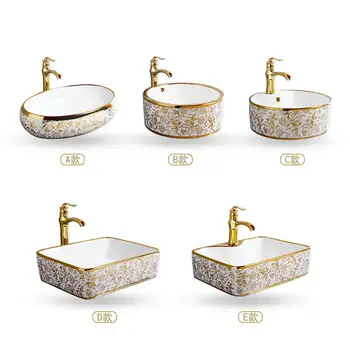 

European Style Flower Shape Gold Decoration Basin Luxury Ceramic Lavatory Bathroom Sink Washbasin Basin Electroplating Flower