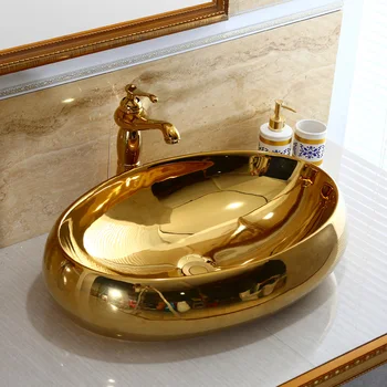 

Europe style luxury golden bathroom vanities chinese Jingdezhen Art Counter Top ceramic oval counter top bathroom wash basin