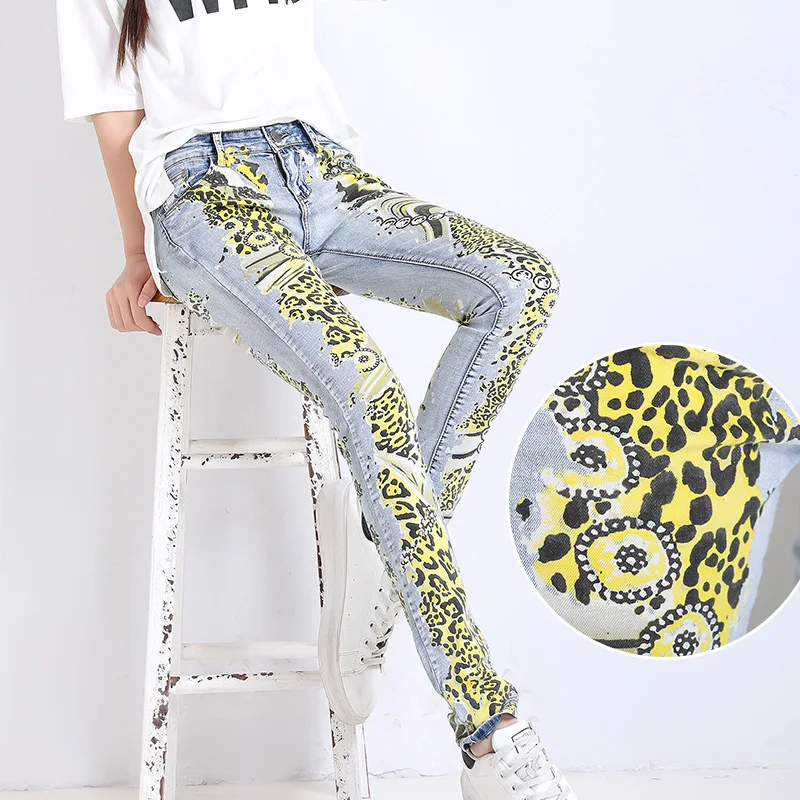 

Slim Elastic jeans woman Casual White Pencil jean pants Girl Washed printing Pattern jeans Skinny Long womens Capris Female