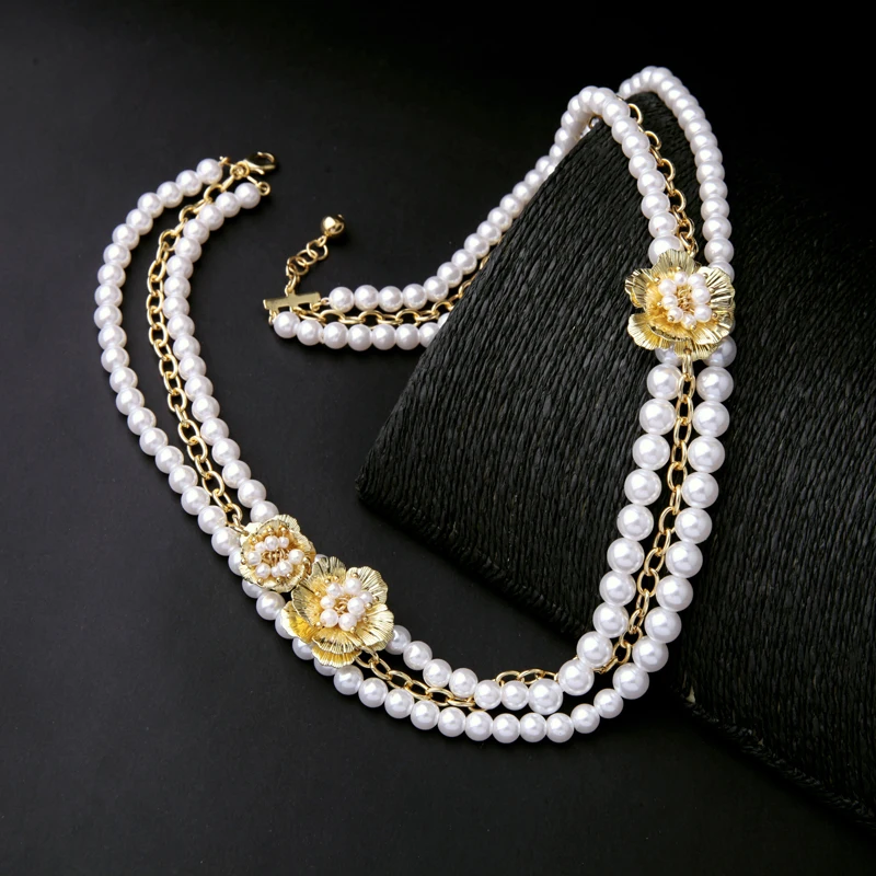 

Alloy Flowers Beads Chain Layered Ladies Necklace Wholesale Imitation Pearls Jewelry New Beads Necklace