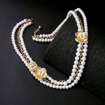 

Alloy Flowers Beads Chain Layered Ladies Necklace Wholesale Imitation Pearls Jewelry New Beads Necklace