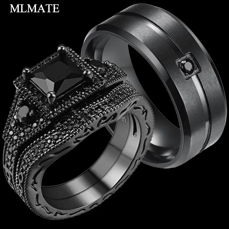 Men Women Couple Rings 316L Stainless Steel Black Cubic Zirconia Engagement Wedding Ring Sets