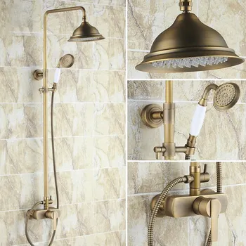 

Vintage Retro Antique Brass Single Handle Lever Bathroom 8 Inch Round Rain Shower Faucet Set Mixer Tap Hand Shower mrs172
