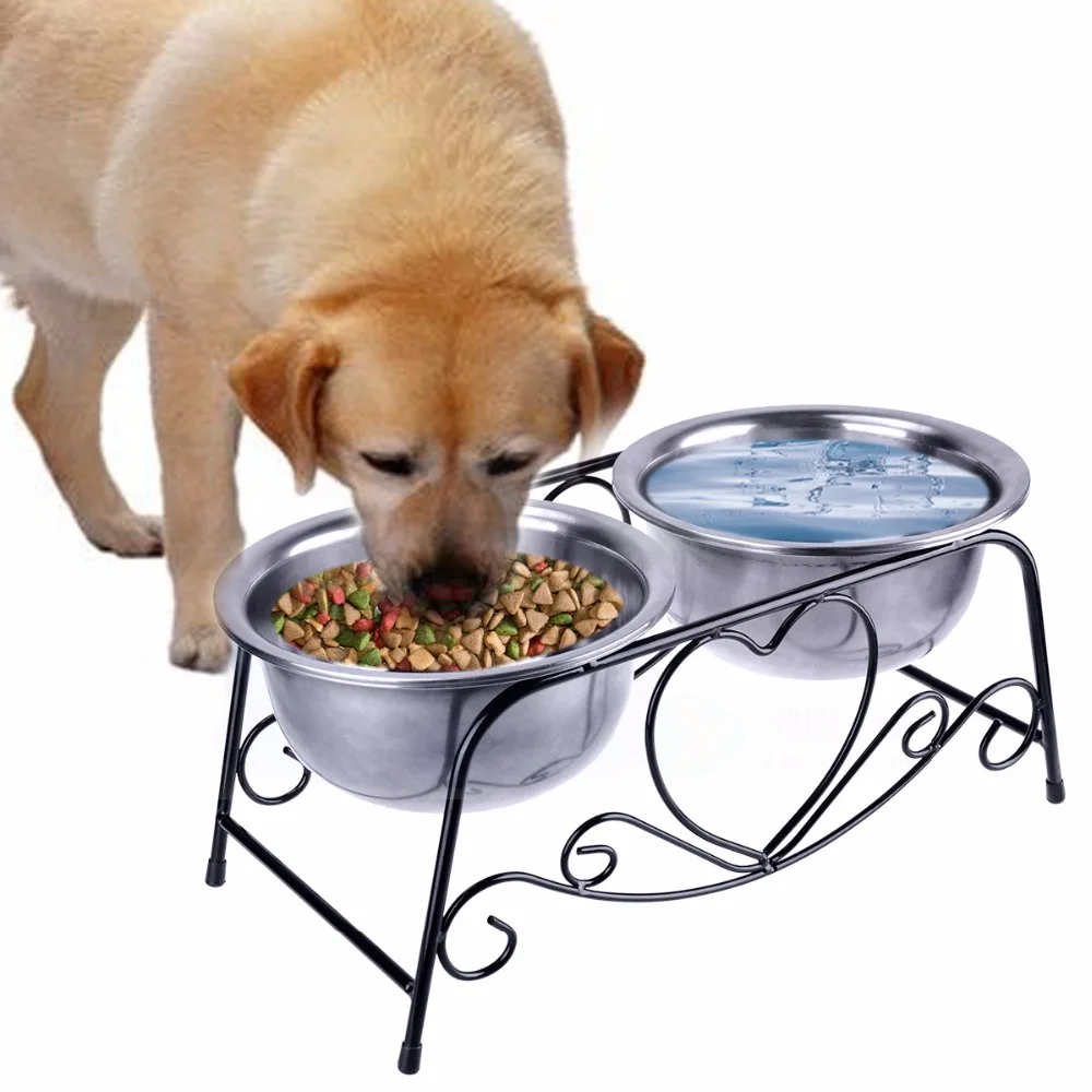 Двойные миски для домашних животных миска для собак из нержавеющей стали Фидер для кормления еды и воды миска с железной подставкой