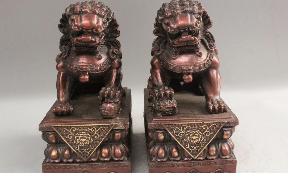 

11" Chinese Folk Fengshui Bronze Foo Fu Dog Guardion Lion Son Ball Statue Pair