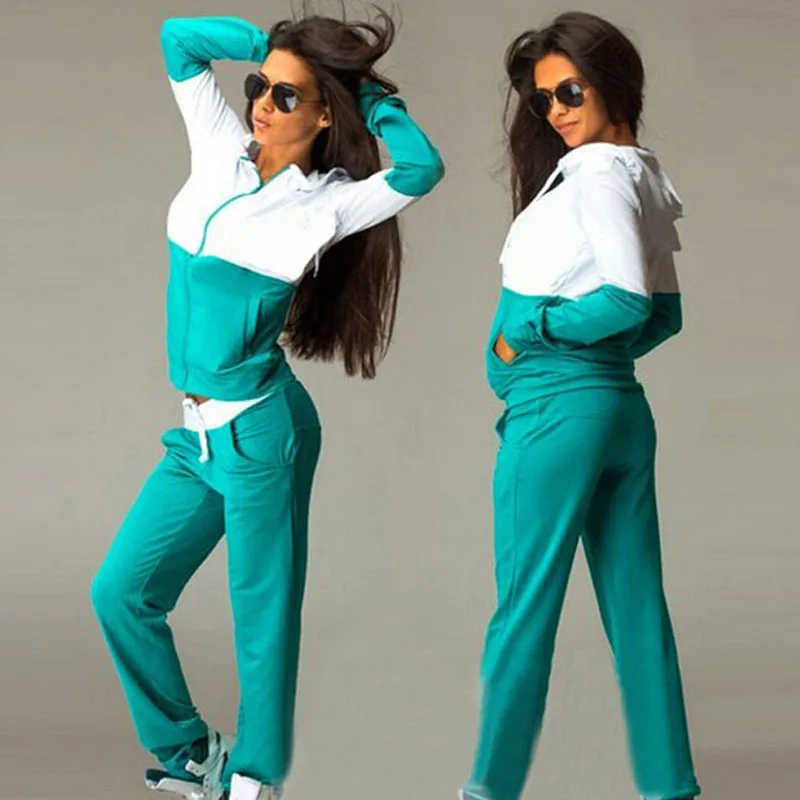 

Autumn Two Piece Clothing Set For Women Tracksuit Patchwork Hood Hoodies Sweatshirts Pants Sporting Suit Female Sportswear DG463