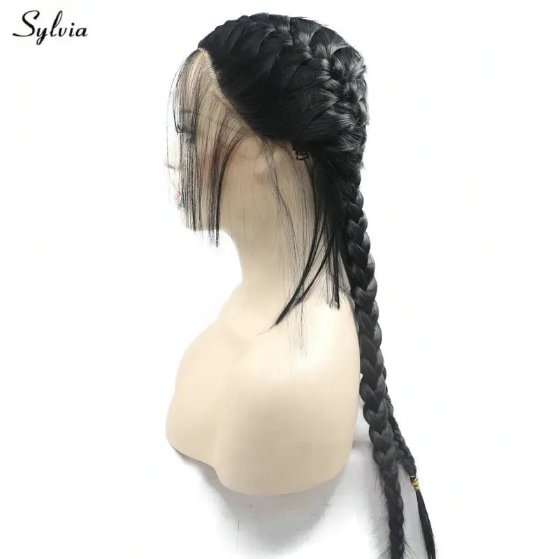 Sylvia длинные 2x твист косы с ребенком волос Синтетические синтетические волосы на кружеве Искусственные парики черные волосы средняя часть