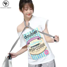 Летняя новая Корейская женская одежда топы открытая Асимметричная футболка с коротким рукавом женская модная футболка с принтом LGP382