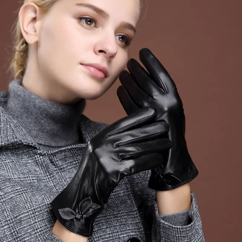Ladies Fashion Genuine Leather Gloves Winter Driving Warm Leather