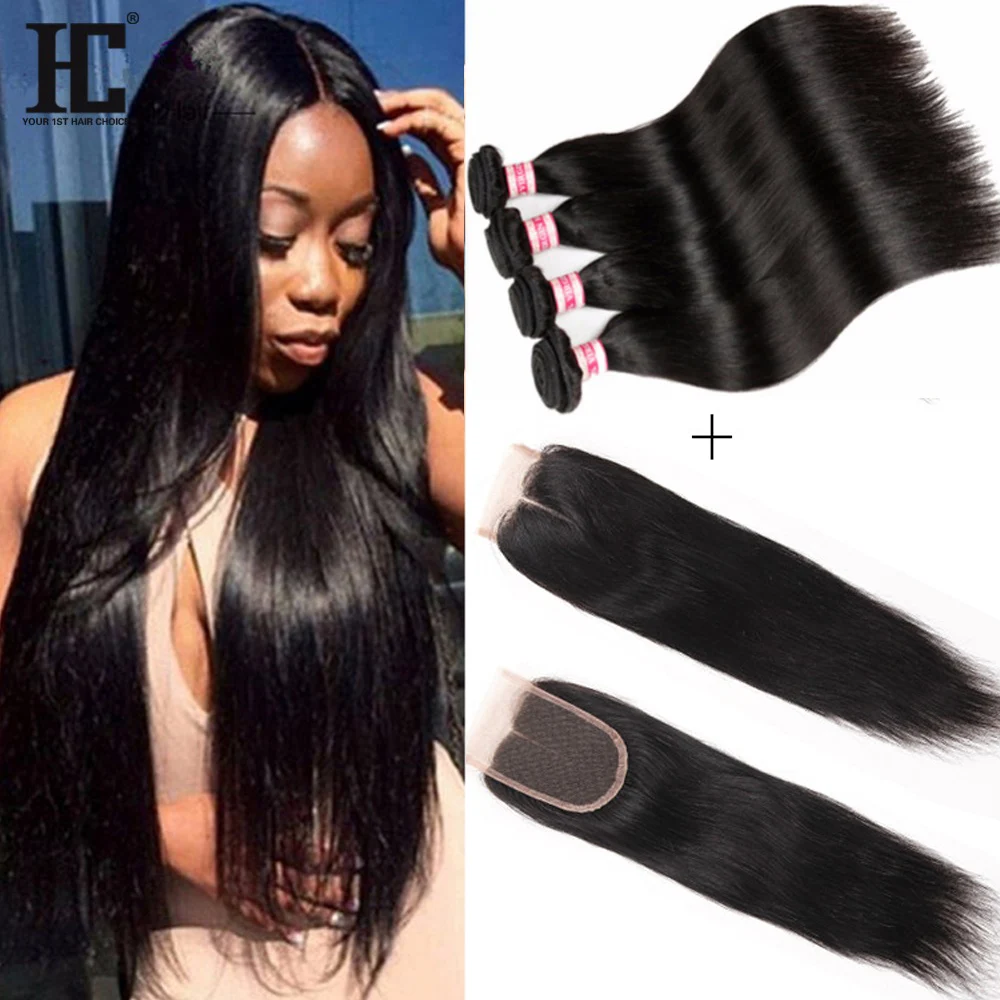 8A Peruvian Virgin Hair With Closure 4 Bundles Peruvian Human Hair With Closure Peruvian Straight Hair Bundles With Lace Closure