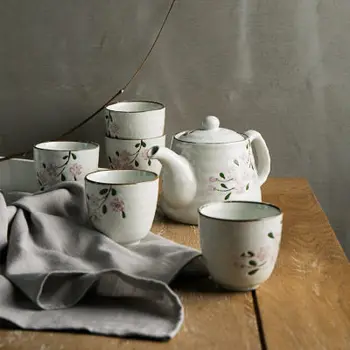 

Japanese Cherry Ceramic Tea Set [1 Teapot+5 Cups] Coffee Mugs Drinkware tea water Kettle Christmas Gift Porcelain Kungfu Tea Set