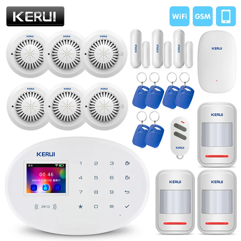 

KERUI Wireless Smart Home Alarm WIFI GSM RFID Card Security Alarm System With 2.4 inch TFT Touch Panel Motion Detector Alarm