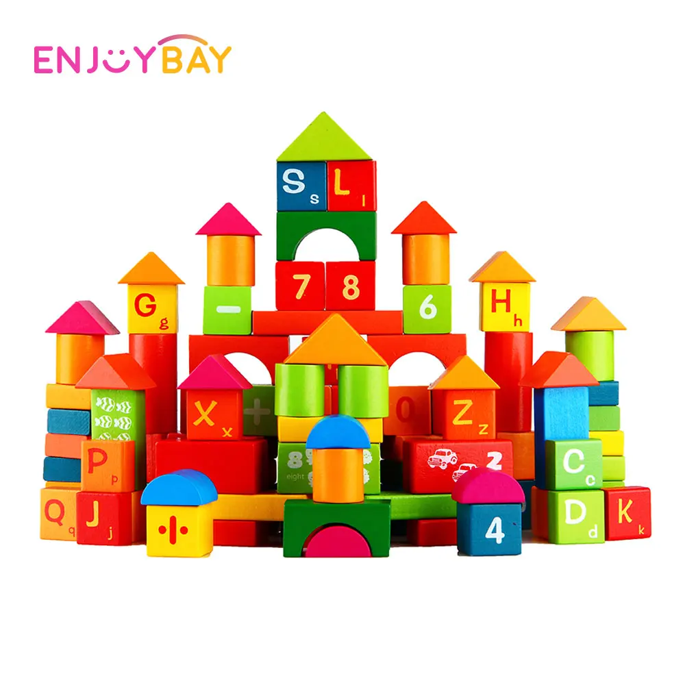 

Enjoybay Colorful Castle Building Blocks 100pcs Wood Custruction Block Bricks DIY Block Toy Funny Early Educational Toy for Kids
