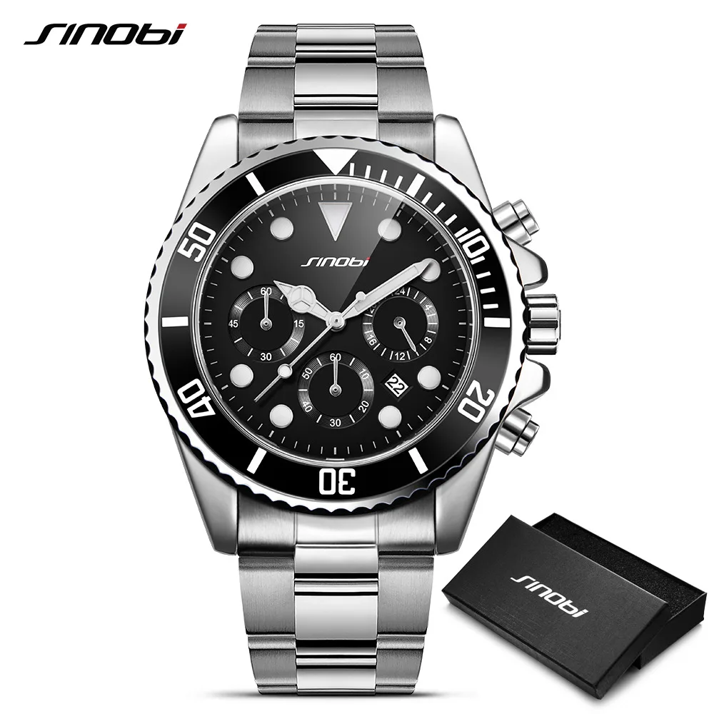 

SINOBI Stainless Steel Watch Men Black Rotatable Clock Fashion Business Saat Chronograph Quartz Watch Sports Relogio Masculino