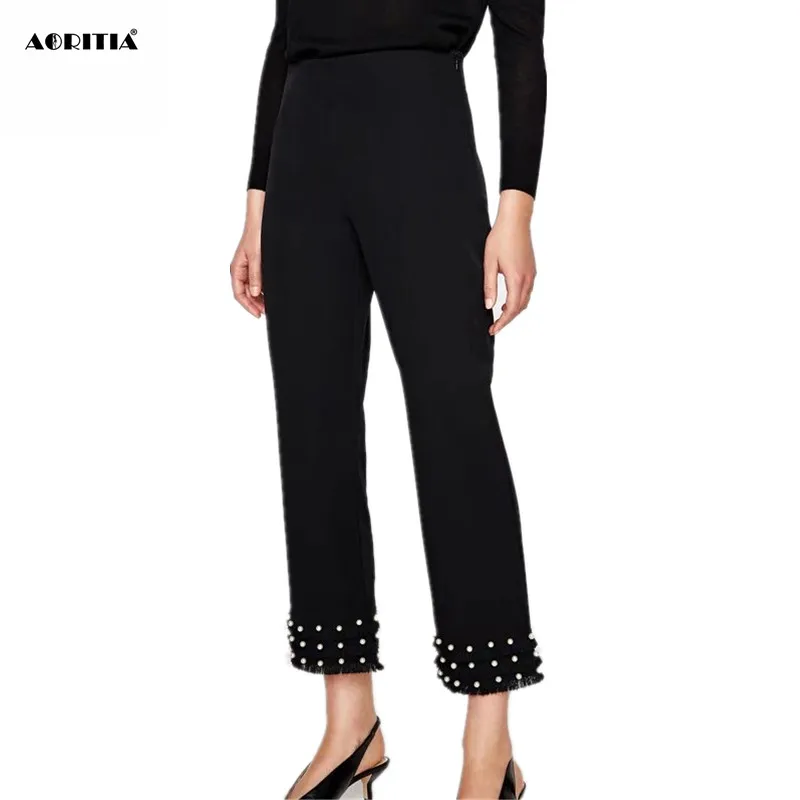 

2019 Autumn Winter Women Cargo Pearl Pants Black Trousers Ninth Pants for Women Pantalon Femme