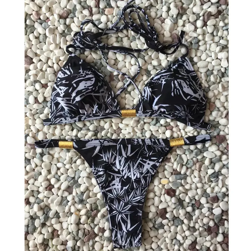 

2017 new bikini set women halter print Bamboo leaves swimming suit for women retro bathing suit black swim suit bandage swimwear