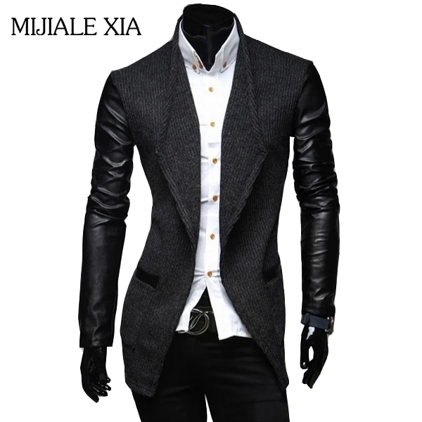 2017 New Arrival Mens Long Trench Coat Free Shipping The Sleeves Is Leather Slim Fit Style Trench Coat Men Plus SizeM-2XL
