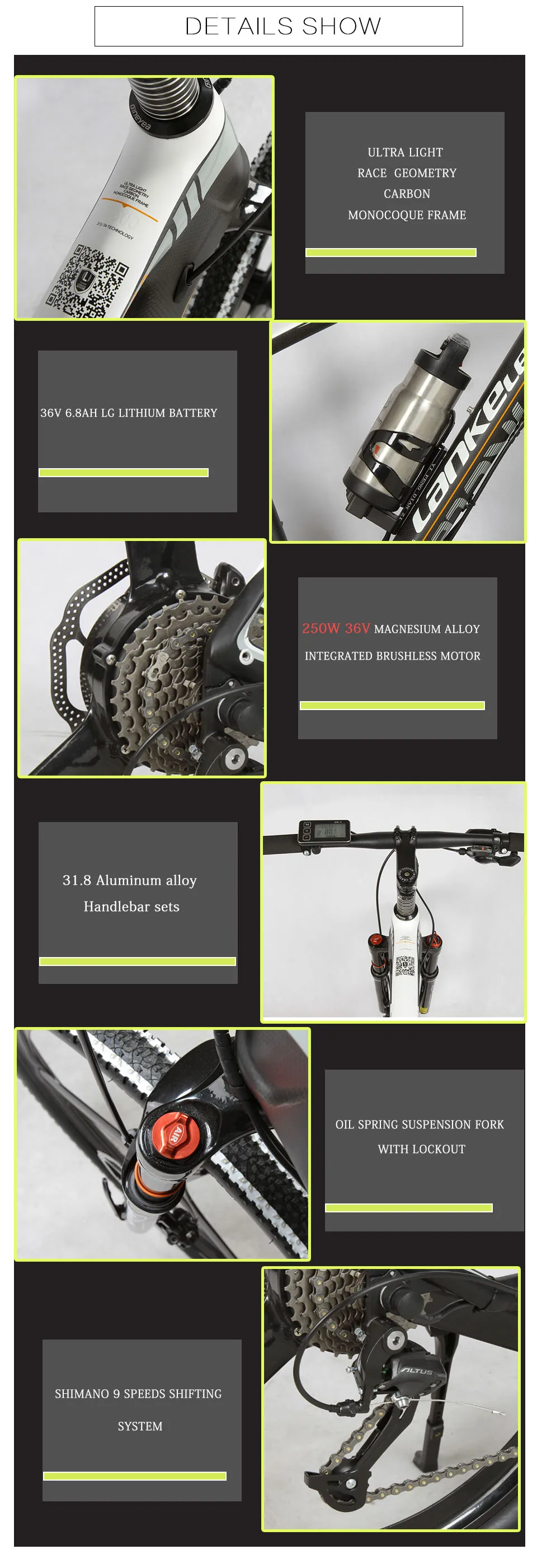 Perfect Cyrusher S600 Electric Mountain Bike 26x17 Carbon Fiber frame bike 250W 36V 6.8ah Battery 9 Speeds Electric mountain Bicycle 7