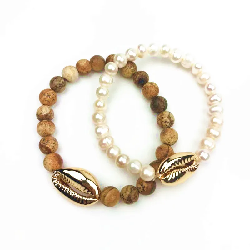 

Bohemian 8mm natural stone bracelet gold shell elastic bracelet ladies fashion jewelry freshwater pearls bracelets for women