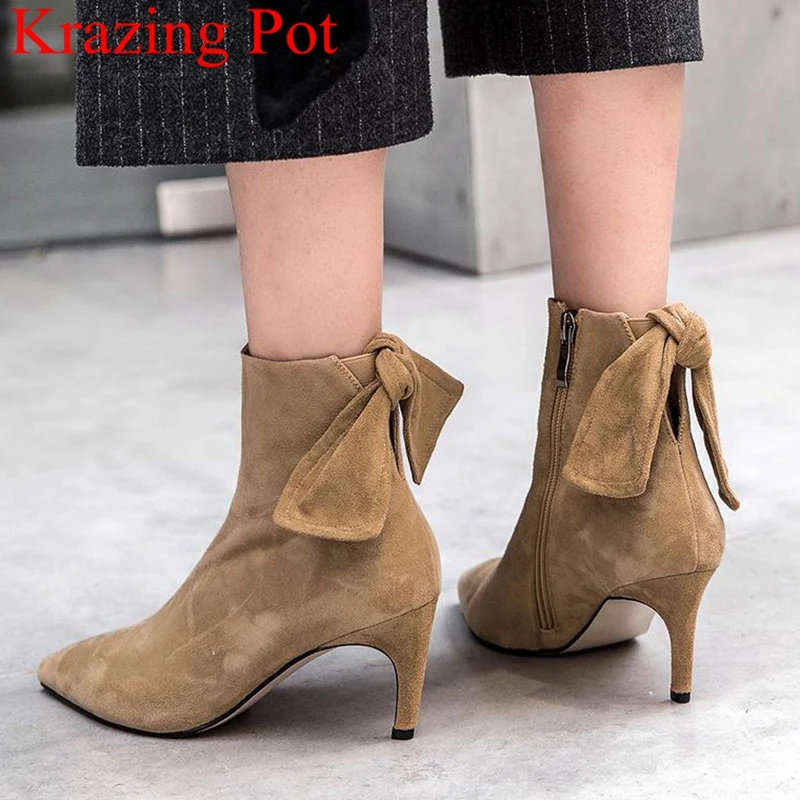 

2018 fashion zipper pointed toe sheep suede office lady women ankle boots elegant butterfly-knot brand wedding winter shoes L78