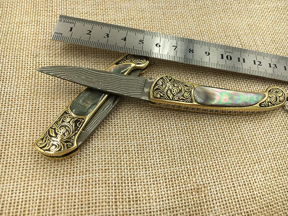 Handmade Damascus steel blade Pocket Folding Knife Yellow Brass +Black