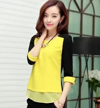 New 2015 Spring Summer Fashion Sweet O-Neck Splice big size chiffon blouse women |