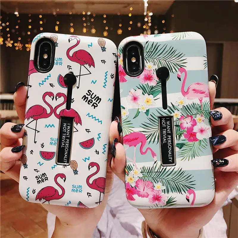 

Fashion Flamingo Finger Loop Ring Phone Case for Apple iPhone 11 Pro XS Max XR X 7 8 Plus Hide Stand Summer Flower Leaves Cover