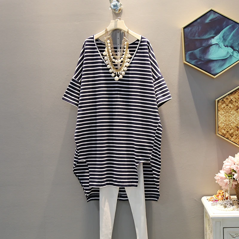 [HG] 2019 Summer Europe Fashion New Women V-neck Short Sleeve Dress Female Striped Irregular Casual Pullover Dress LY1004