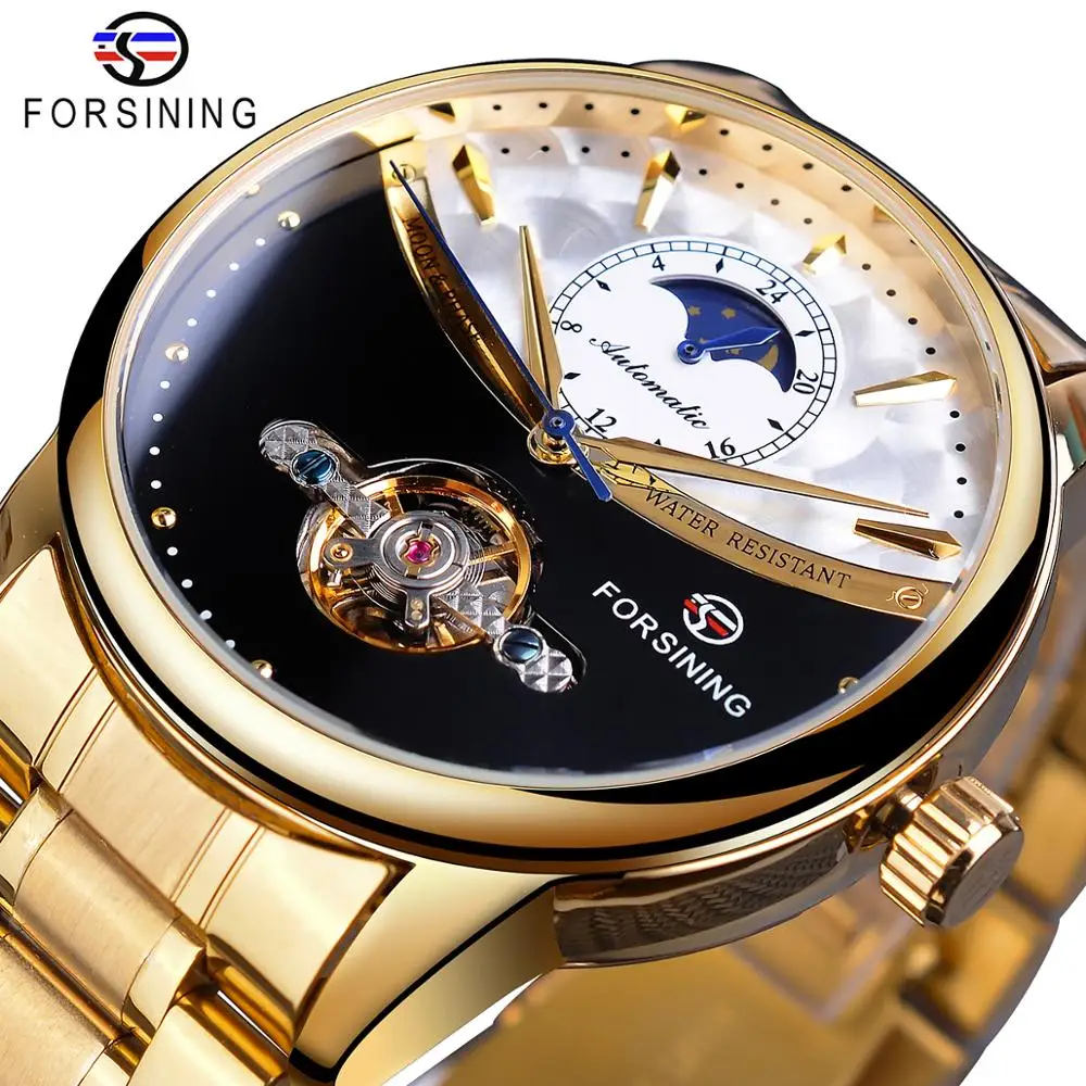 Fase da Lua Banda de Aço Forsining Relógio Masculino Automático Ouro Sol Tourbillon Preto Branco Rosto Negócio Mecânico Reloj Hombre 2020