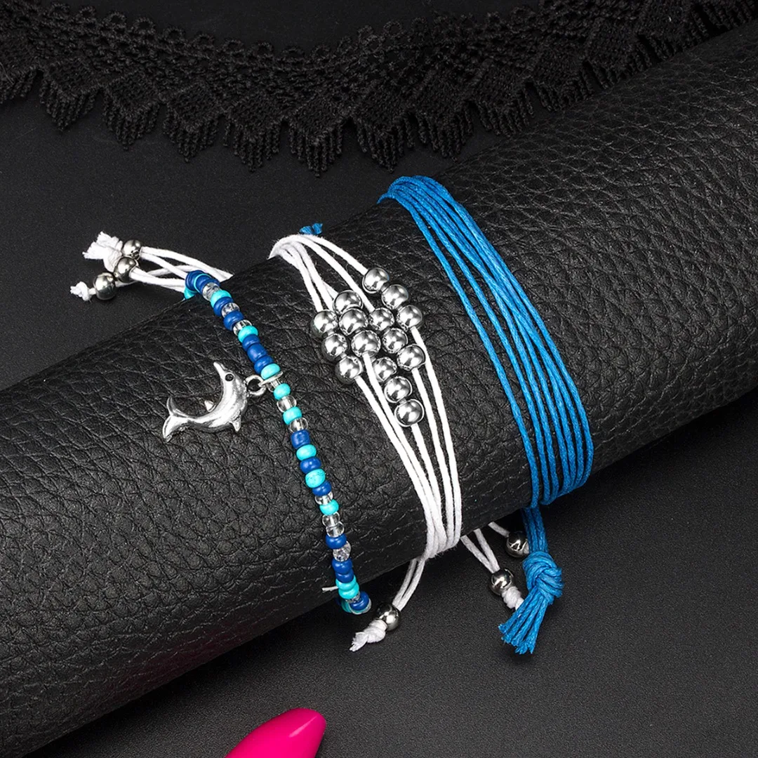 Boho Bangle Dolphin Pineapple Shell Bracelet for Women Fashion Mini Beads Rope Braided Bracelet Set Summer Bohemia Jewelry