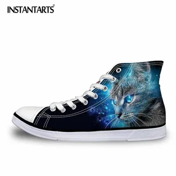 

INSTANTARTS Fashion 3D Animal Black Cat Shoes Women High Top Canvas Shoes Casual Woman Lace-up Vulcanize Shoes Female Flat Shoes