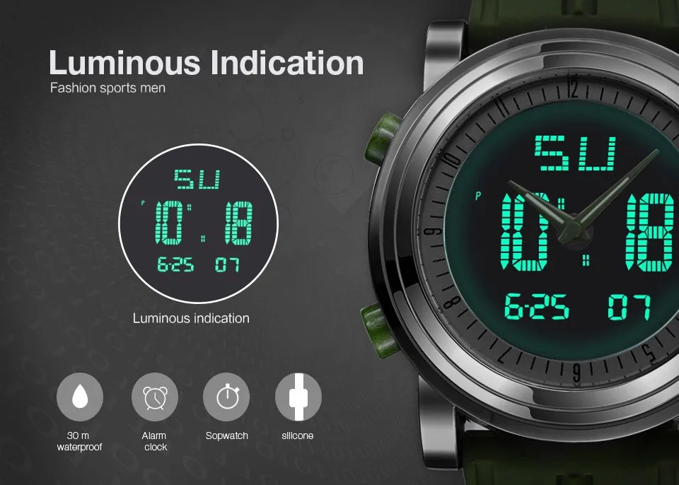 SINOBI Sports Watches Men Dual Display Analog Digital LED Electronic Quartz Wristwatches Men Multifunctional Waterproof Watch