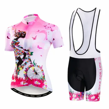 

2020 MTB Bike Jersey bib shorts set Women Cycling jersey Suit Ropa Ciclismo Shirts bicycle Top Bottom Female team pink summer