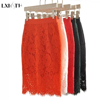 

LXMSTH Lace Skirt Summer Women Elegant Hollow Out High Waist Pencil Skirts Korean Style Fashion Saias Midi Plus Size Woman Skirt