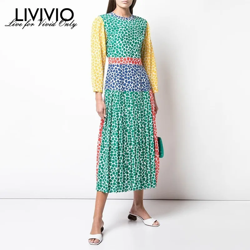 

[LIVIVIO] Summer Hit Color Patchwork Women's Dress O Neck Long Sleeve High Waist Midi Pleated Female Dresses Fashion New 2019
