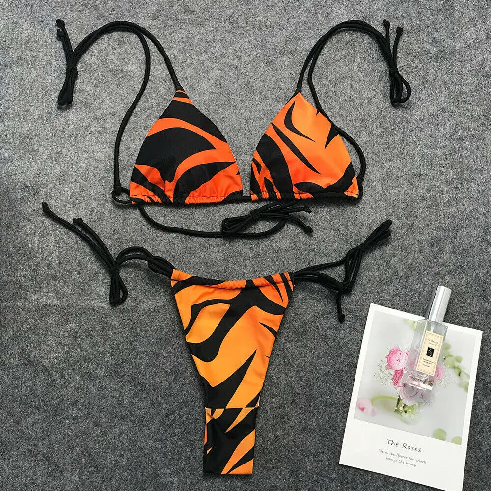 

2019 Summer Women 2 Pcs Bikinis Set Flame Print Bikini Bandage Lace Up Padded Bra Swimsuits Femme Sexy Swimwear Beachwear Sea