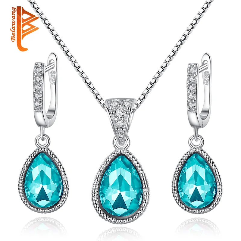 

BELAWANG Vintage Wedding Bridal Jewelry Sets 925 Sterling Silver Angel Ocean Tear Design Green Crystal Earrings/Pendant Necklace