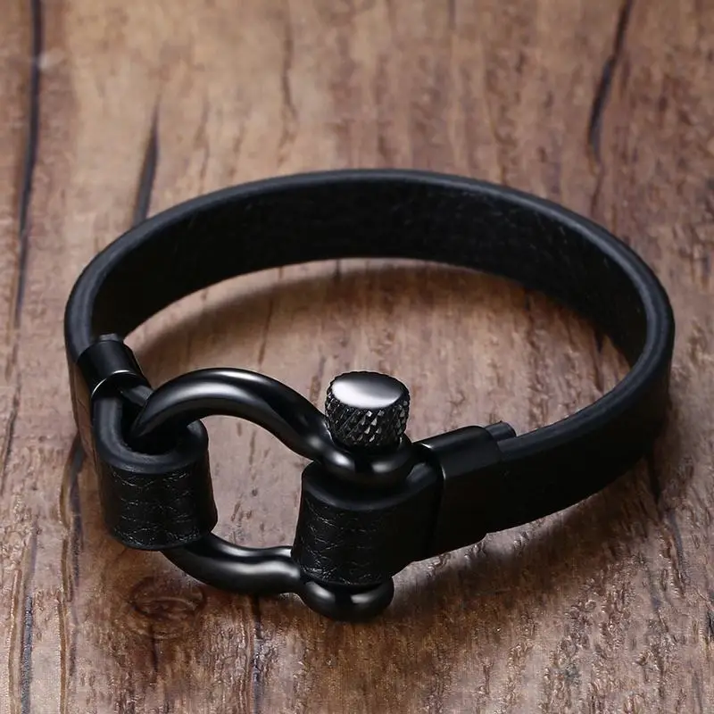 Mens Stainless Steel Screw Post Ancla Shackles Leather Bracelet in