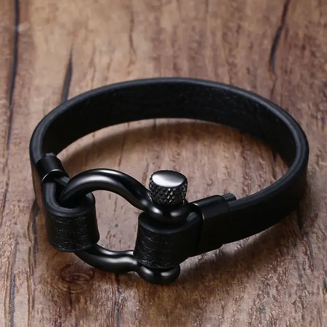 Mens Stainless Steel Post Ancla Shackles Leather Bracelet In Mens Stainless Steel Post Ancla Shackles Leather Bracelet In Black Nautical Sailor Surfer Bangle Wristband