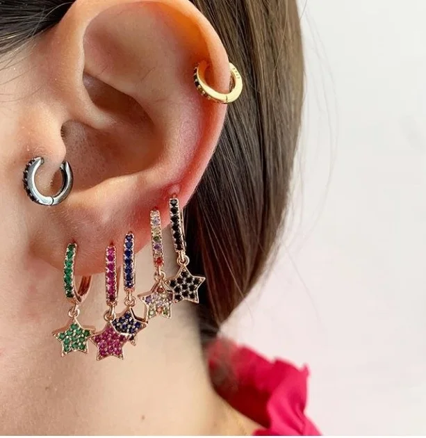 

LOVELY cz star charm hoop earring red blue green white cubic zirconia paved star classic Christmas gift jewelry