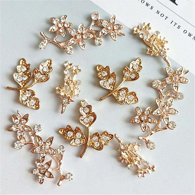 

30 PCS Fashion Metal Alloy KC Gold Leaf Flowers Crystal Rhinestone Connectors Charm DIY Jewelry Accessories
