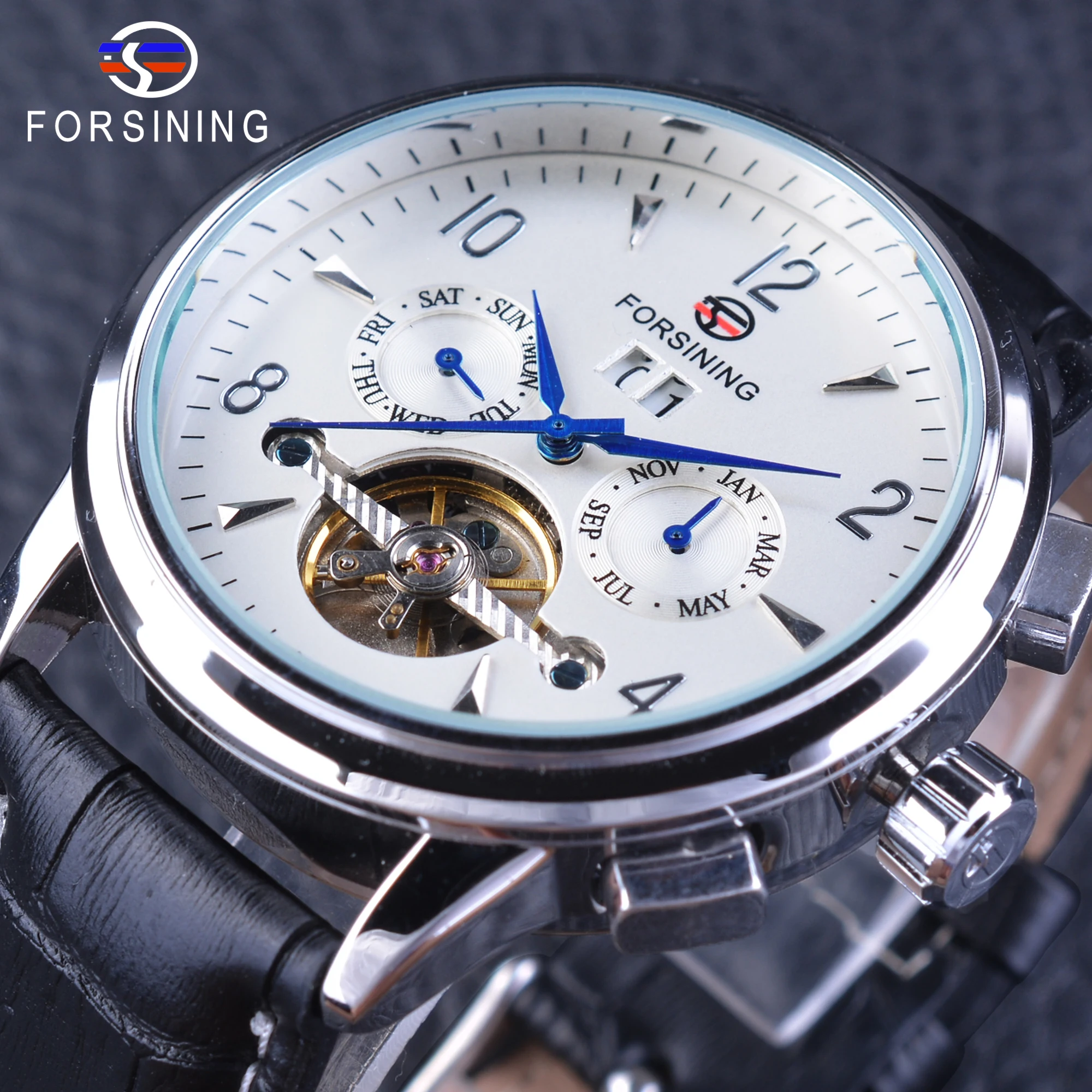 Forsining Casual Watch Tourbillion Calendar Display 2 Small Dial Black Genuine Leather Strap font b Men