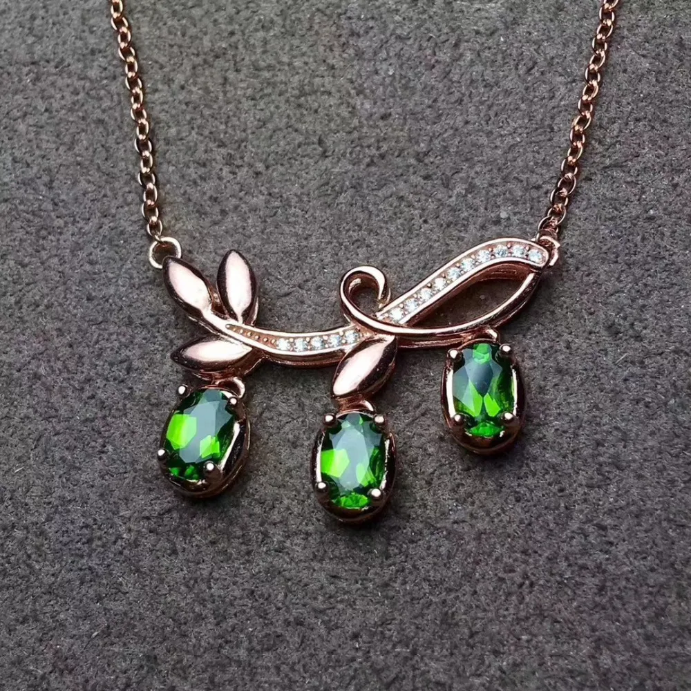 Naturel vert diopside élégant feuilles collier naturel pierre gemme pendentif collier S925 argent f