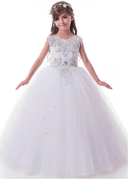 Sparkly Tulle Lace Scoop Neckline Cap Sleeves Ball Gown Flower Girl Dresses With Beaded Lace Girls Communion Dress Sparkly Tulle Lace Scoop Neckline Cap Sleeves Ball Gown Flower Girl Dresses With Beaded Lace Girls Communion Dress